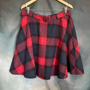 Tanming Red Navy Plaid Wool Blend A-Line Belted Midi‎ Skirt with Pockets Large